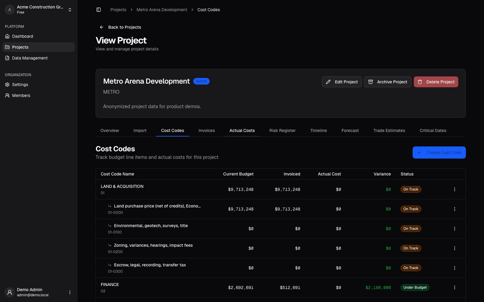 Hierarchical cost code table